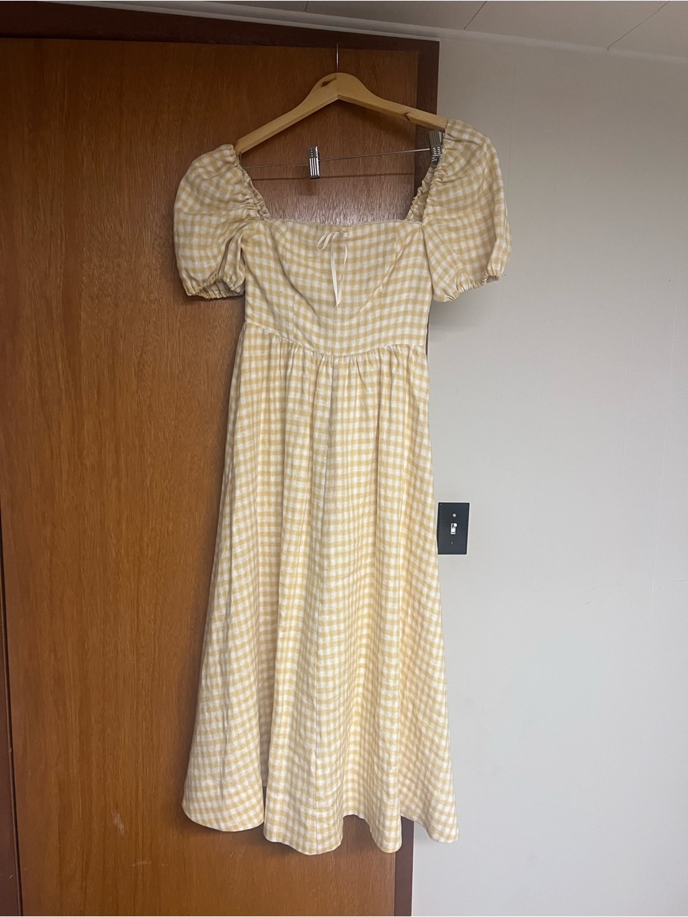 Reformation Yellow Gingham Puff-Sleeve Midi Dress
